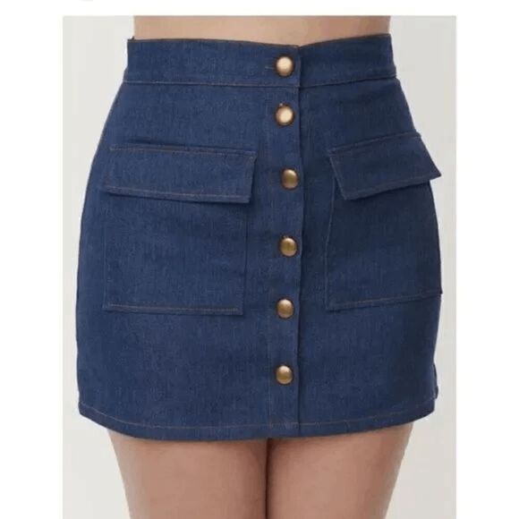 Unique Vintage Medium Blue Denim Button Up Mini Skirt L - Picture 1 of 5